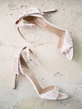 Valentino Blush Velvet Bow Ankle-Strap Stiletto Heels, size 37.5